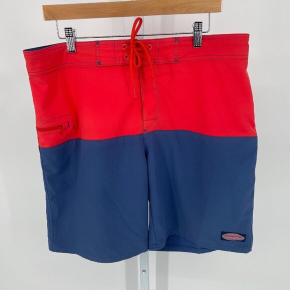 Vineyard Vines Mens Swim Board Shorts Trunks 9" Inseam Sz 34 Red Blue Zip Pocket - Picture 1 of 15